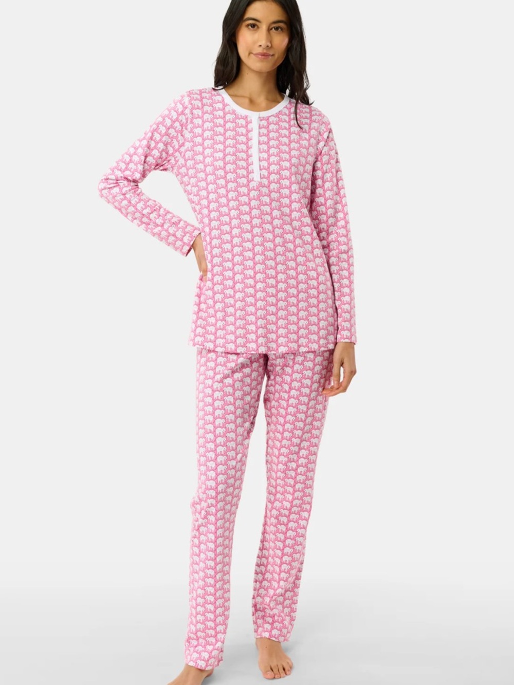 Roller Rabbit Pink White Elephant-Print Long PJ Set
